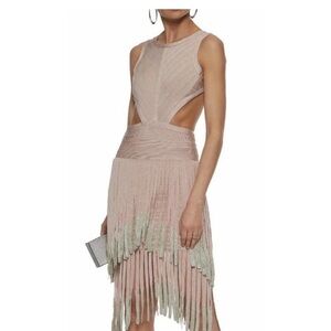 Herve Leger Blush Pink Fringe Cutout Mini Dress